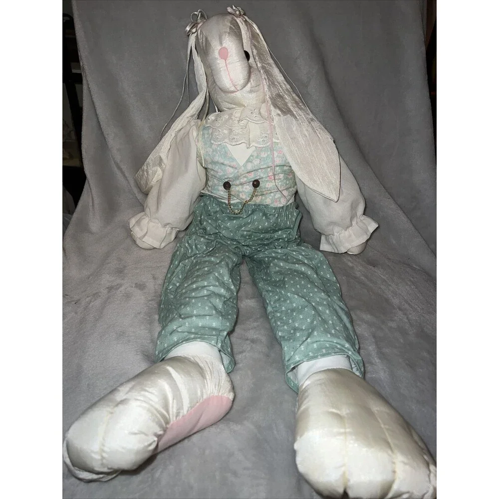 VTG Big Handmade Rabbit Bunny Plush Doll Farmhouse Taffeta Folk Art Doll 24”